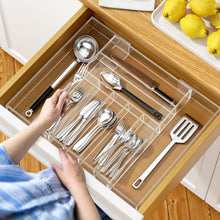 Load image into Gallery viewer, Expandable Kitchen Drawer Organizer for Flatware and Utensils,Clear Acrylic Adjustable Silverware Tray for Drawer,Office,Bathroom Supplies-9 Compartments
